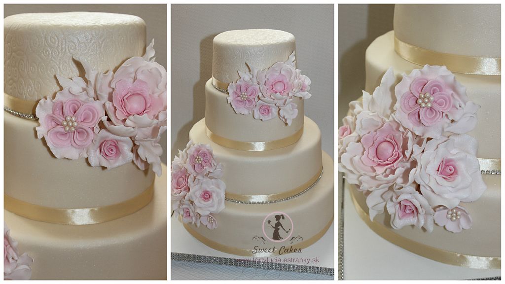 Krémovo ružová svadobná torta